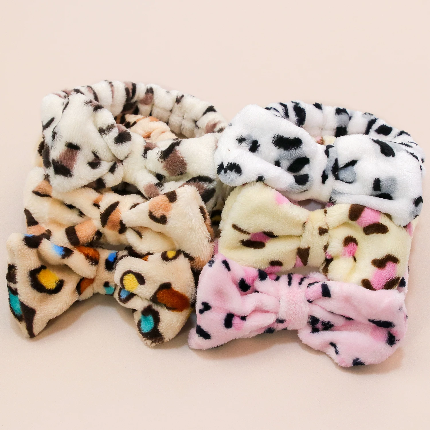 Leopard Spa Headband Coral Fleece Makeup Headband Soft Face Wash Headbands Facial Head Wraps Cute Bow Head Bands for Women Girls