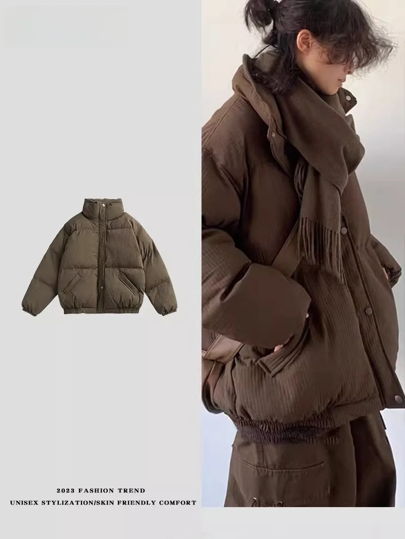 

Warm Cotton Jaet with Stand Collar Basic Sle ex Autumn Winter Plaid Bread Coat Trendy Youth Polyester Fiber Long Sve