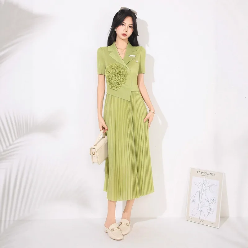 فستان نسائي صيفي بأكمام قصيرة من Miyake فستان جديد بخصر رفيع وياقة مطوية وتنورة طويلة مرنة فساتين نسائية ملابس