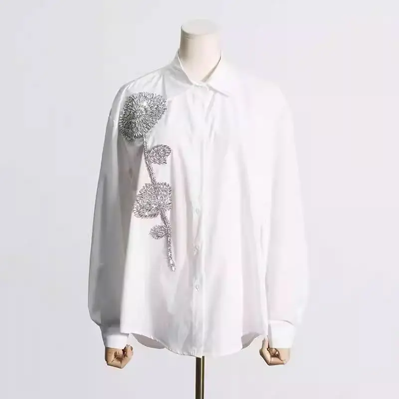 

Diamonds Embroidered Flower Long Sleeved Turn-down Collar Long Sleeved Shirt for Women Casual Mid Length Top Shirts