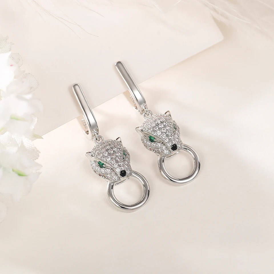 Women's Hip Hop Green Leopard Drop Earrings CZ Silver