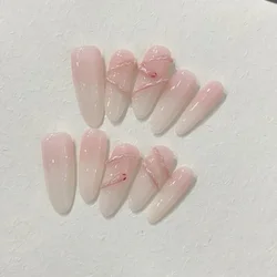 10PCS Gradient Pink Long Almond press on nails French handmade fake nail tips with Little Snake Design Full Cover false nails