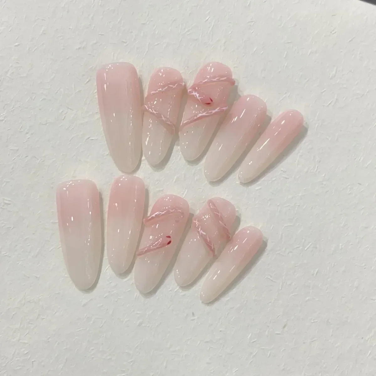 10PCS Gradient Pink Long Almond press on nails French handmade fake nail tips with Little Snake Design Full Cover false nails