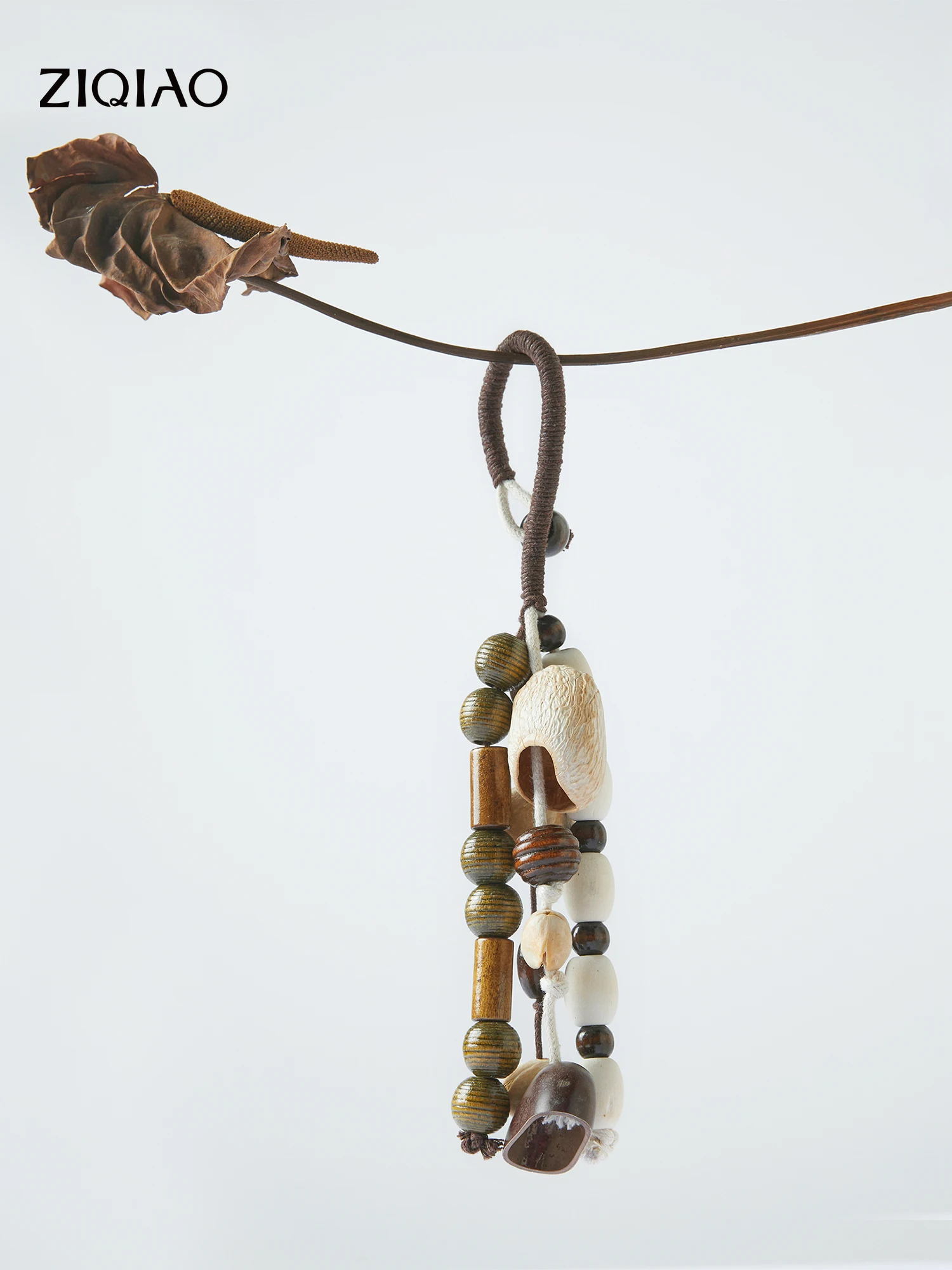 

ZIQIAO Shan Mu Collection • Stone & Wood Beaded Bag Charm with Textured Nut Shell • 2026 Summer New Arrival for Women