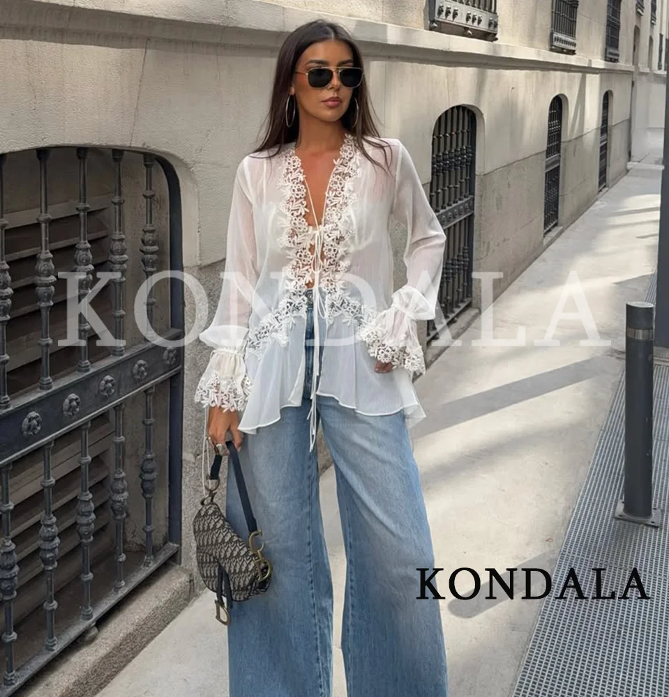 

KONDALA Chic Lace Crochet Splicing See-through Shirts Women Elegant Leisure Lace-up Shirts 2026 Summer Trendy Lady Ruffles Shirt