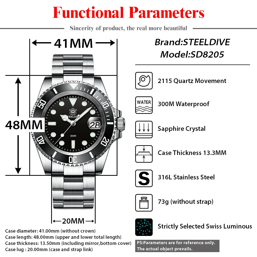 STEELDIVE SD8205 Business Quartz Watch Water Ghost Ceramic Bezel Luminous 300M Waterproof Japan 2115 Movement Fashion Wristwatch