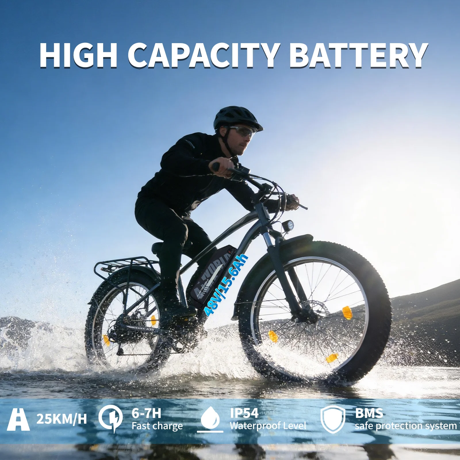 Vélo électrique A35 à pneus larges 26*4, vitesse maximale de 25 km/h, assistance à 5 niveaux, protection BMS, batterie au lithium, vélo de montagne tout-terrain, capacité de charge de 150 kg