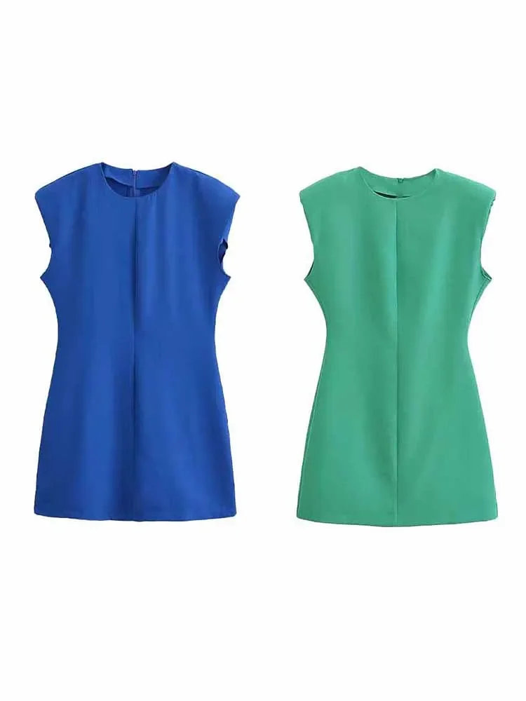 

Новинка 2024, женское модное однотонное облегающее мини-платье с наплечниками и круглым вырезом, платье без рукавов в стиле ретро на молнии сзади, женское платье