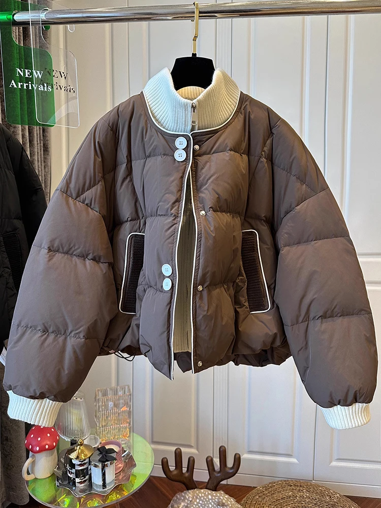 

Knitted Stand Collar Patchwork ort Cotton Jaet Women's Loose Fit High Design down Alternative Winter Outerwear Coat