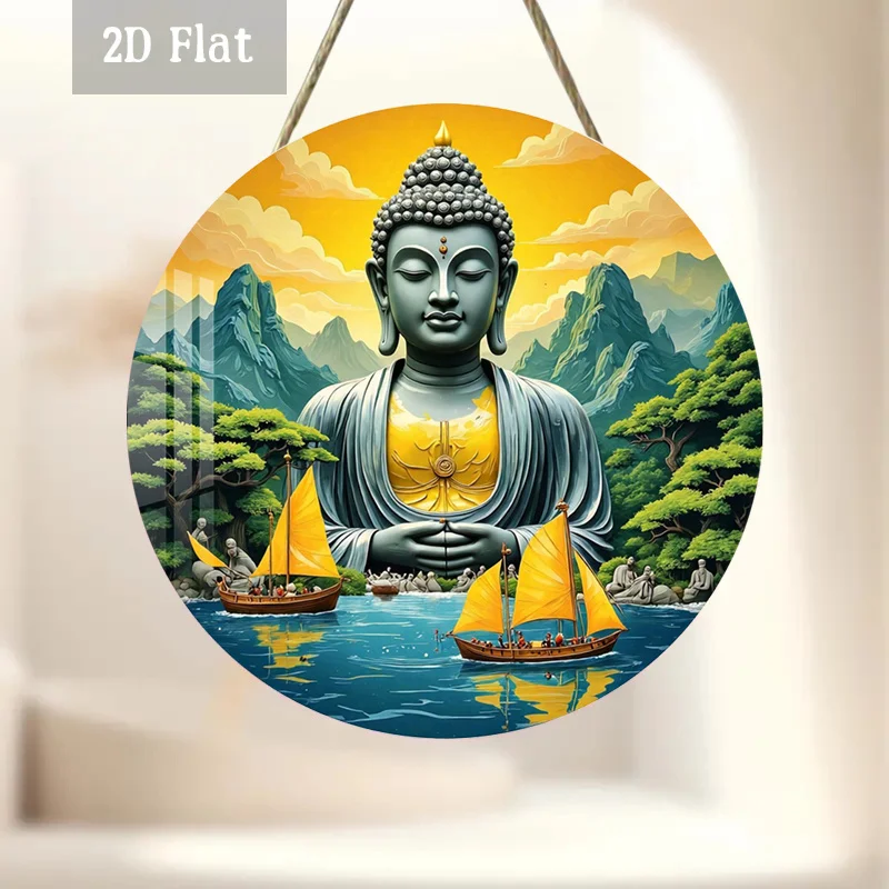 2D Flat - 1pc Serene Woodblock Printing Decoration, Golden Sunset Wooden Panel Wall Decoration, Tranquil Voyage Round Wooden Dec