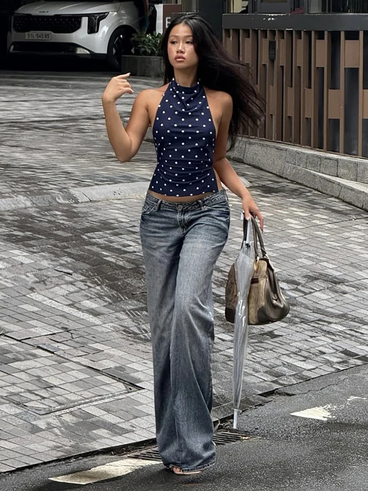 Weird Pusss Polka Dot Print Tank Tops Women Halter Backless Skinny Sexy Summer Trend Hottie Street Midnight Coquette Party Vest