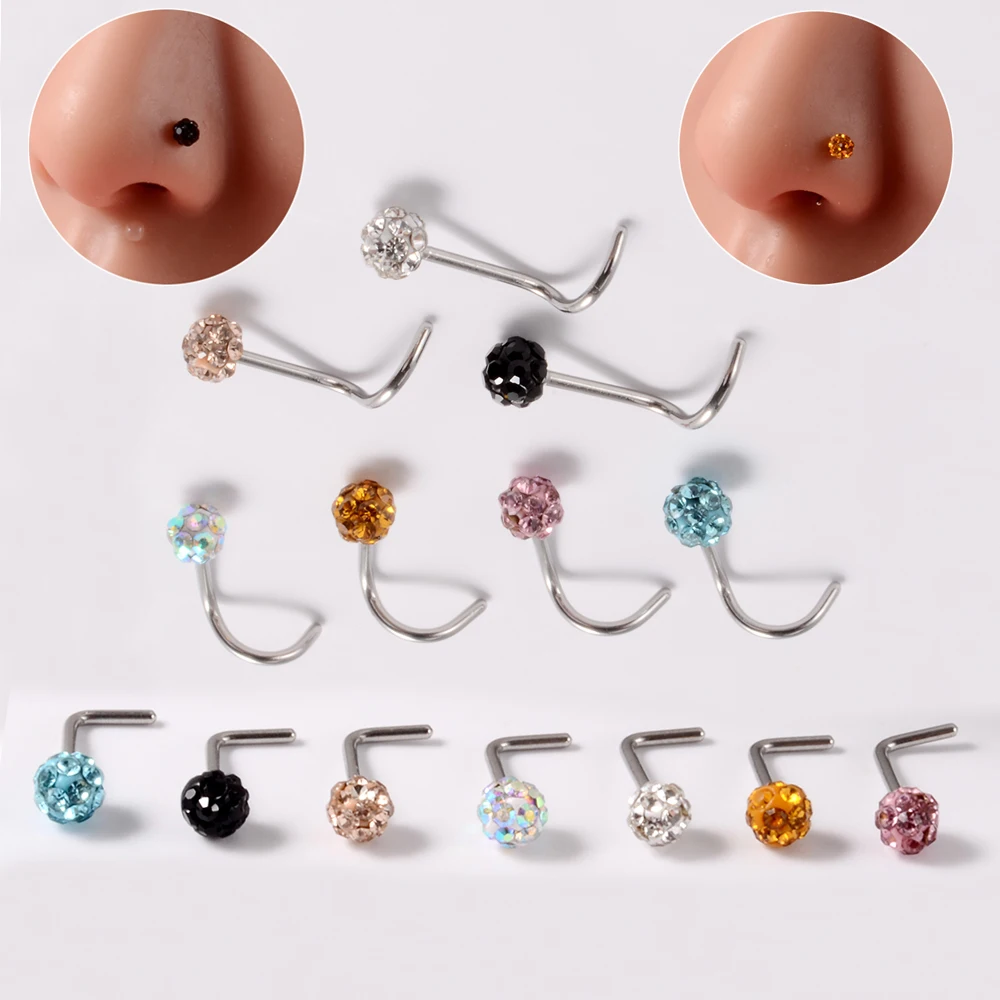 1PC Full Rhinestones Round Nose Stud L/S Shape Stainless Steel Nose Nail Nose Ring 0.8mm Piercing Colorful CZ Nose Ring