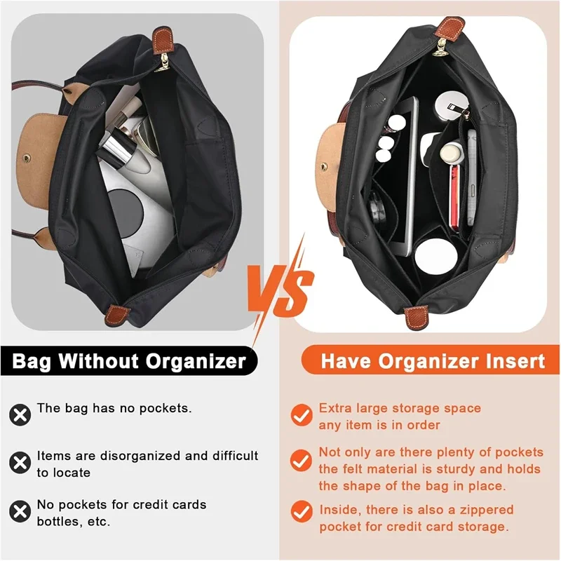 Grand organisateur de sac fourre-tout, doublure en feutre multi-compartiments pour le maquillage et l'organisation des essentiels de voyage