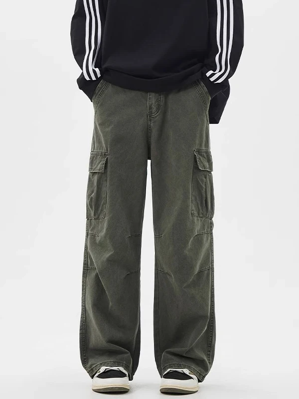 الرجعية الأمريكية ملابس العمل السراويل الرجال ربيع 2025 فضفاض واسعة الساق عادية الدينيم الجينز متعدد كيت الترفيه مستقيم قطع الجينز