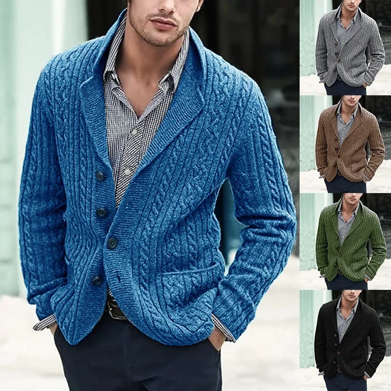 Mens Knitted Coat Jumper Stand Collar Long Sleeve Cardigan Sweater Office Outwear V Neck Thicken Solid Color Mens Jacket