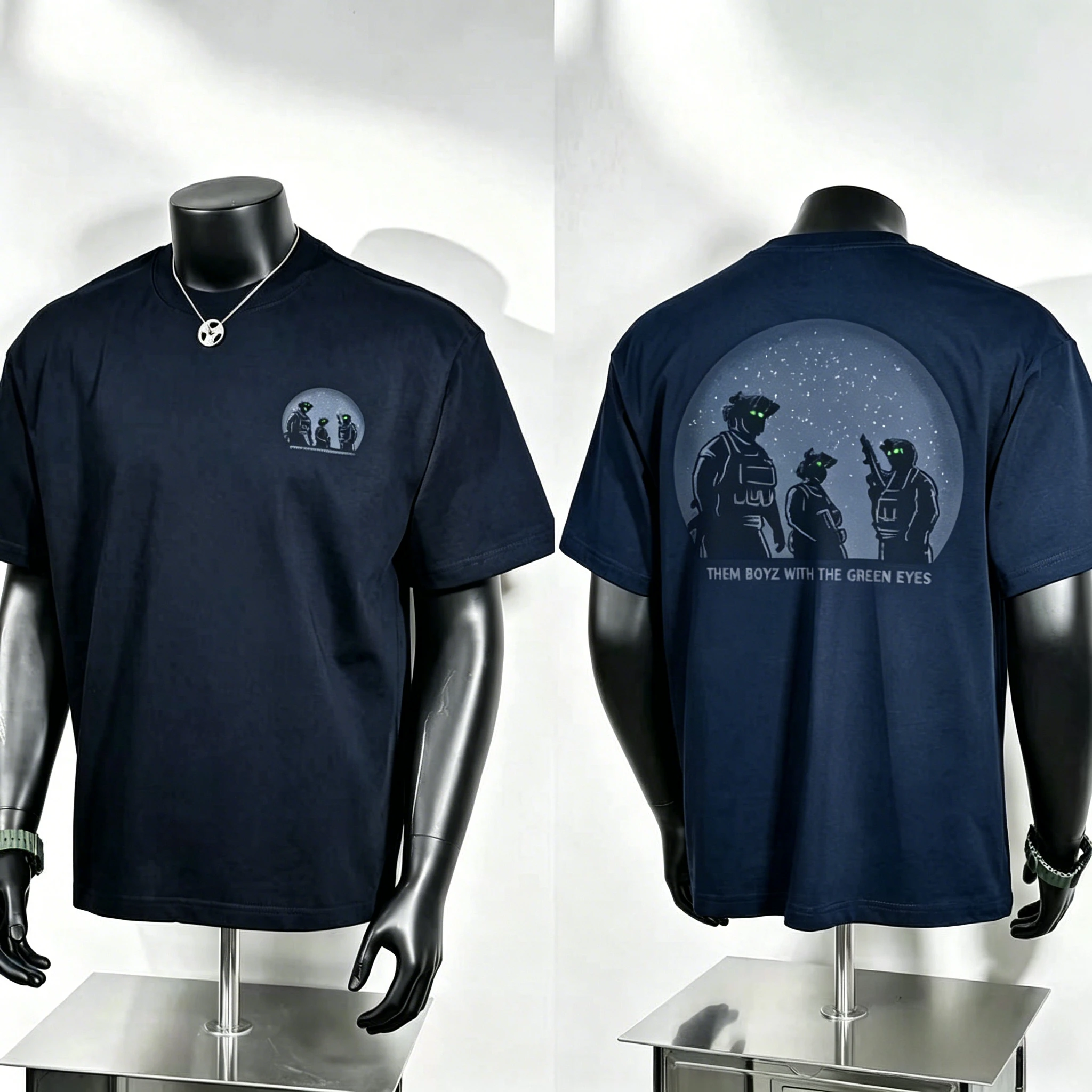 Tactical Soldier Print T Shirt, Tiny Circle Trooper Silhouette Badge on Chest and Oversized Night‑vision Operators Starry