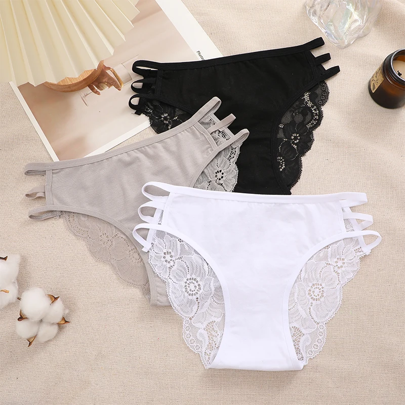 3Pcs/Set Women\'s Panties Underwear Transparent Lace Panties Double Strap Panty Ladies Briefs Sexy Underpants Women Woman Clothin