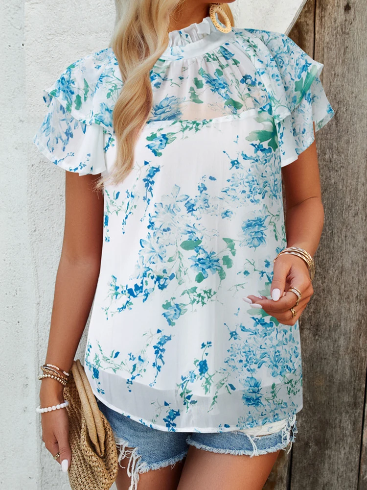 Floral Print Blouse Women Vintage Boho Ruffle Tops Female Summer Casual Short Sleeve Shirts Ladies Elegant Round Neck Tees