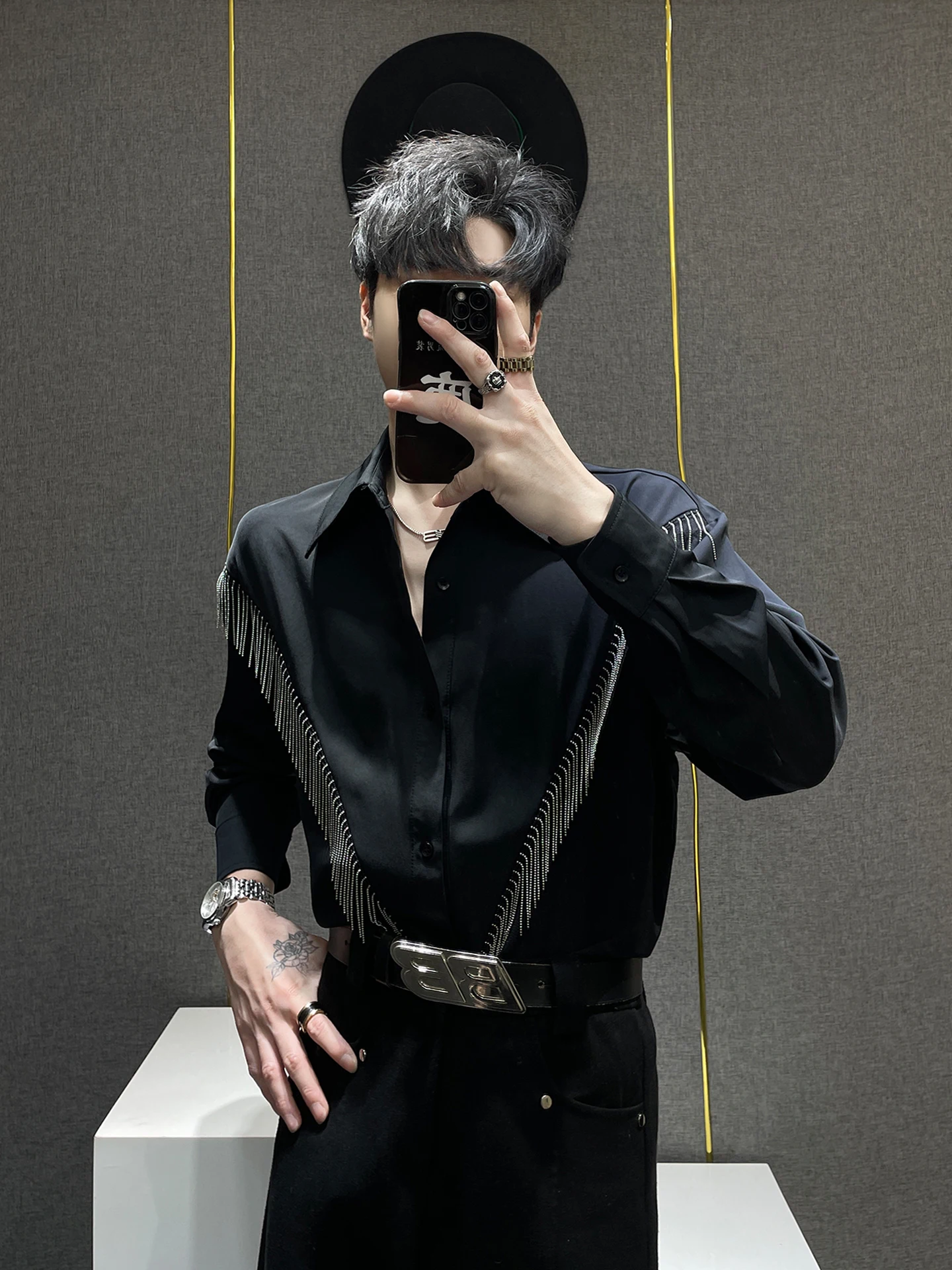 Fashion Trend Men's Clothing Design Sense Tassel Patchwork Long Sleeve Shirt High-end Loose Casual Draped Stylish Shirt for Men