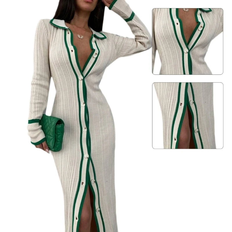 Long Sleeve Cardigan Maxi Bodycon Dress Sexy V Neck Button Down Sweater Dress Dropship