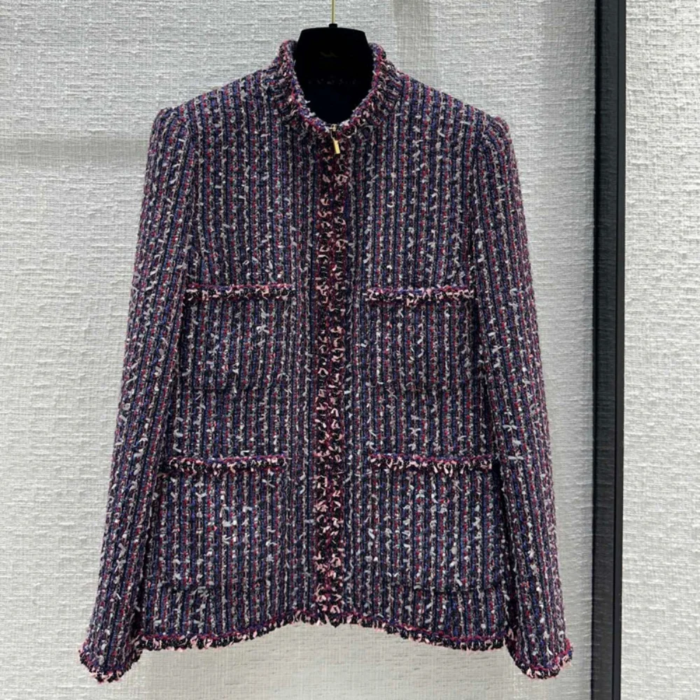 

2024 Spring Autumn Runways Fashion Women's High Quality Stand Collar Stripe Tweed Coat C791