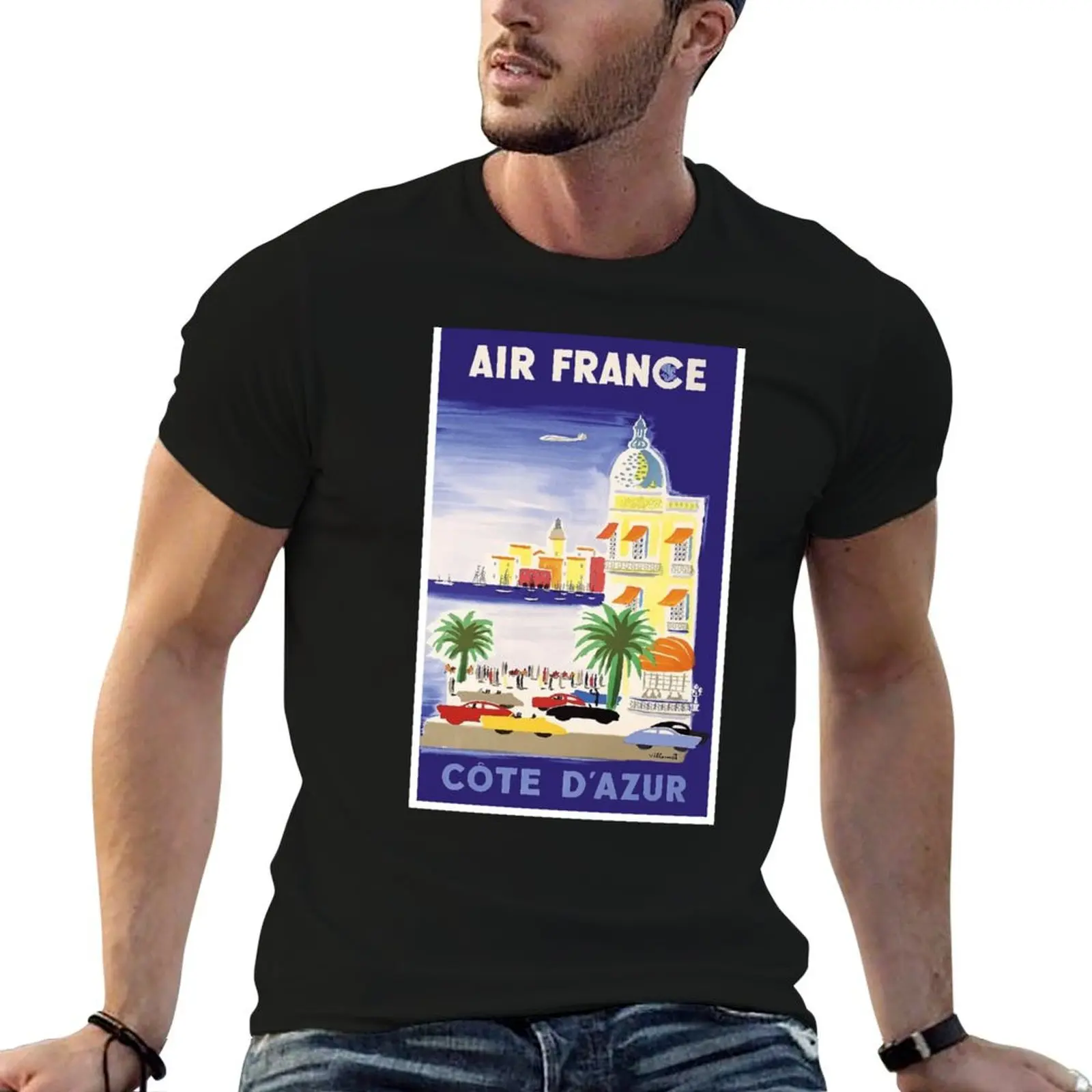 

1952 Air France Cote d′Azur Travel Poster T-Shirt funny t shirts dark humor cotton t shirts man 100% T-Shirt