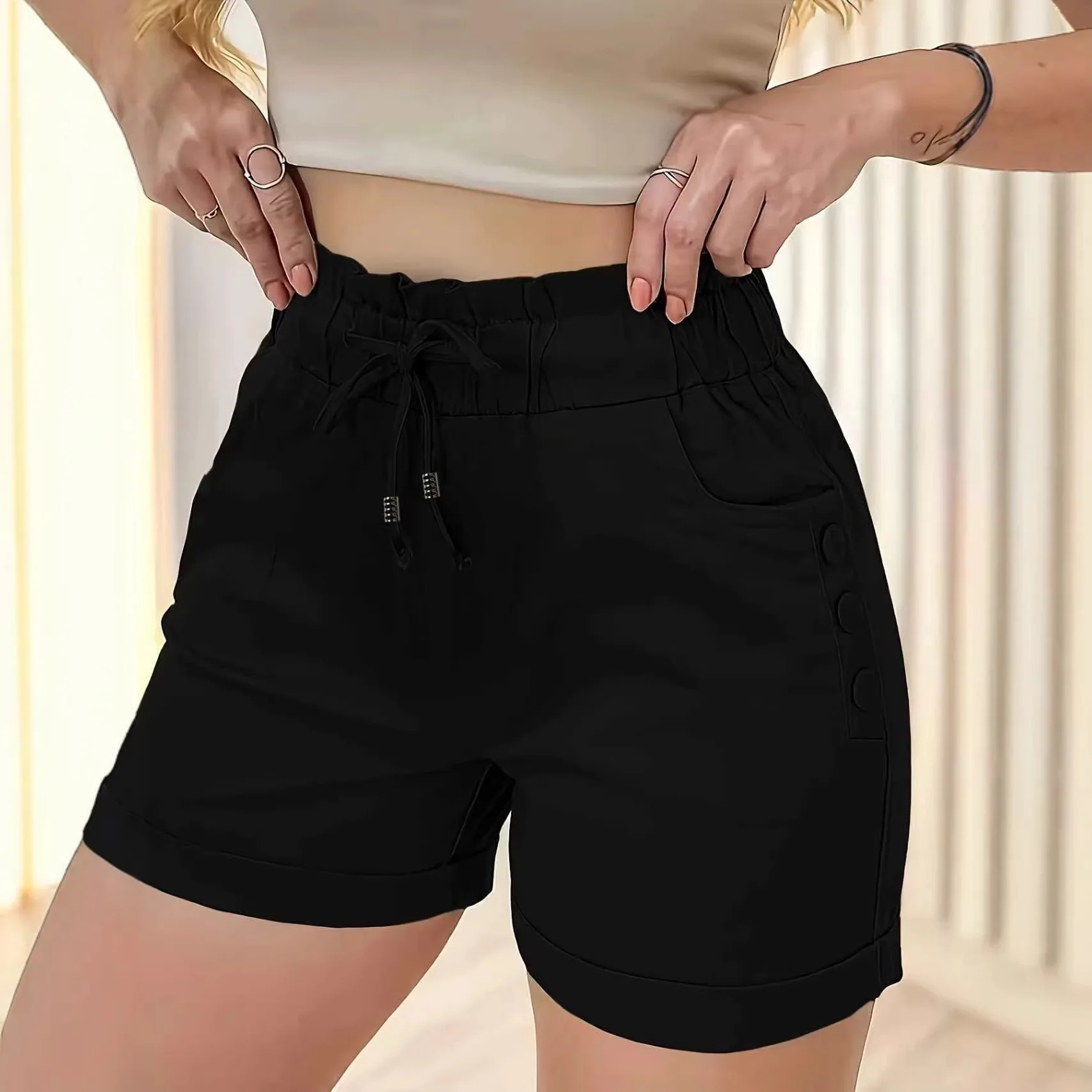 Casual Shorts with Pocket High Waist Three Quarter Japanese and Korean Casual Women Shorts for Daily Beach Camping Winter