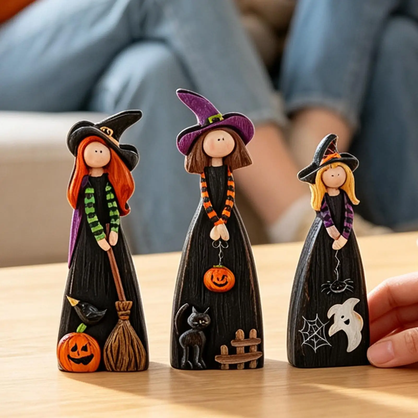 3 Pieces Witch Halloween Decor Cute Wooden Fall Farmhouse Centerpieces Halloween Table Decoration Set for Desk Shelf Windowsill