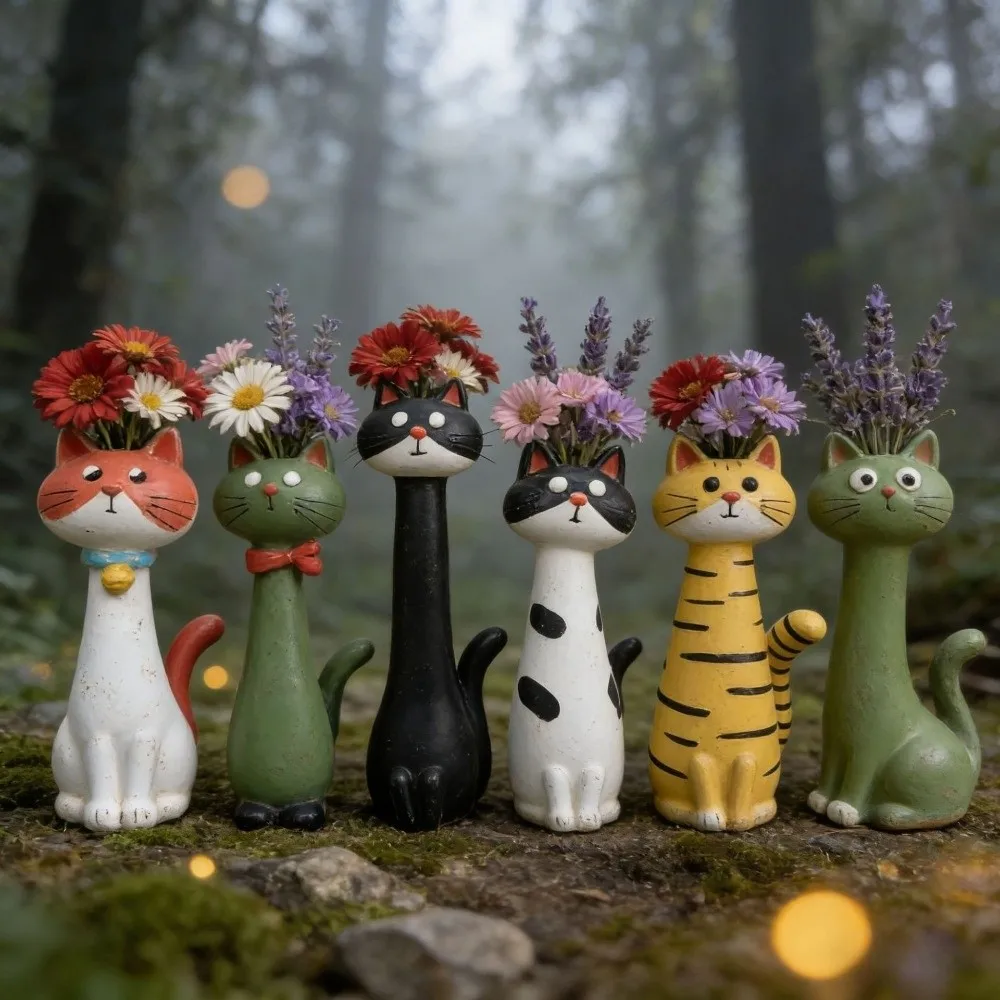 Handcrafted Whimsical Cat Flower Vase Quirky Unique Resin Cat Flower Holder Aesthetic Cartoon Cat Shaped Flower Planter
