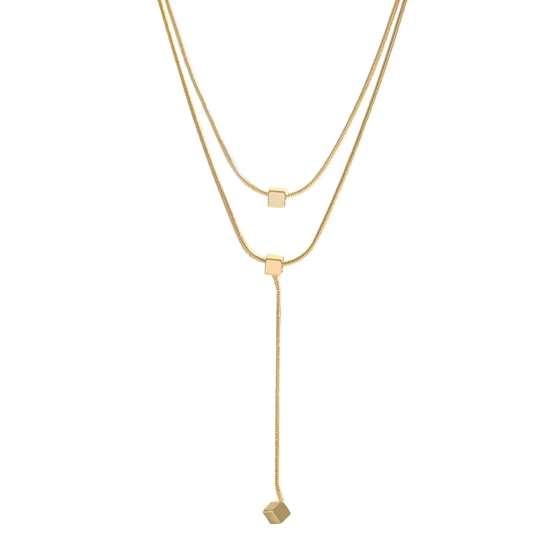 316L Stainless Steel New Fashion Fine Jewelry Minimalism 2 Layers Cube Tassel Charms Chain Choker Necklaces & Pendants For Women