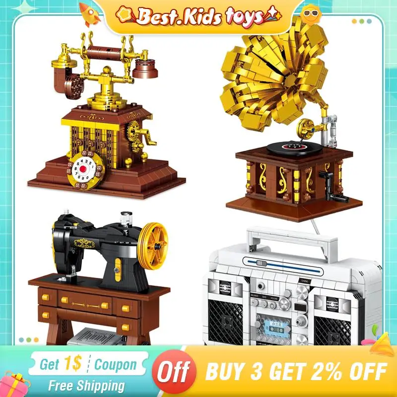 

Classic Retro Creative Building Blocks Gramophone Vintage Telephone Radio Sewing Machine Model Bricks Kid Toys For Boys Girls