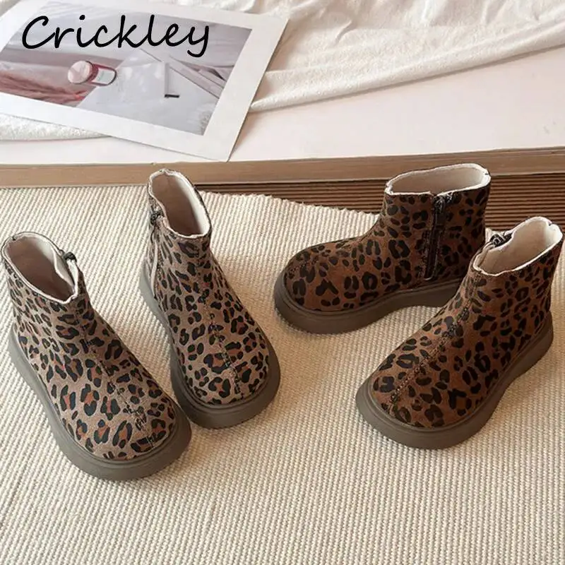 Leopard Pattern Kids Fashion Boots PU Leather Zip Boys Girls Ankle Shoes Spring Autumn Soft Anti Slip Children Short Boots
