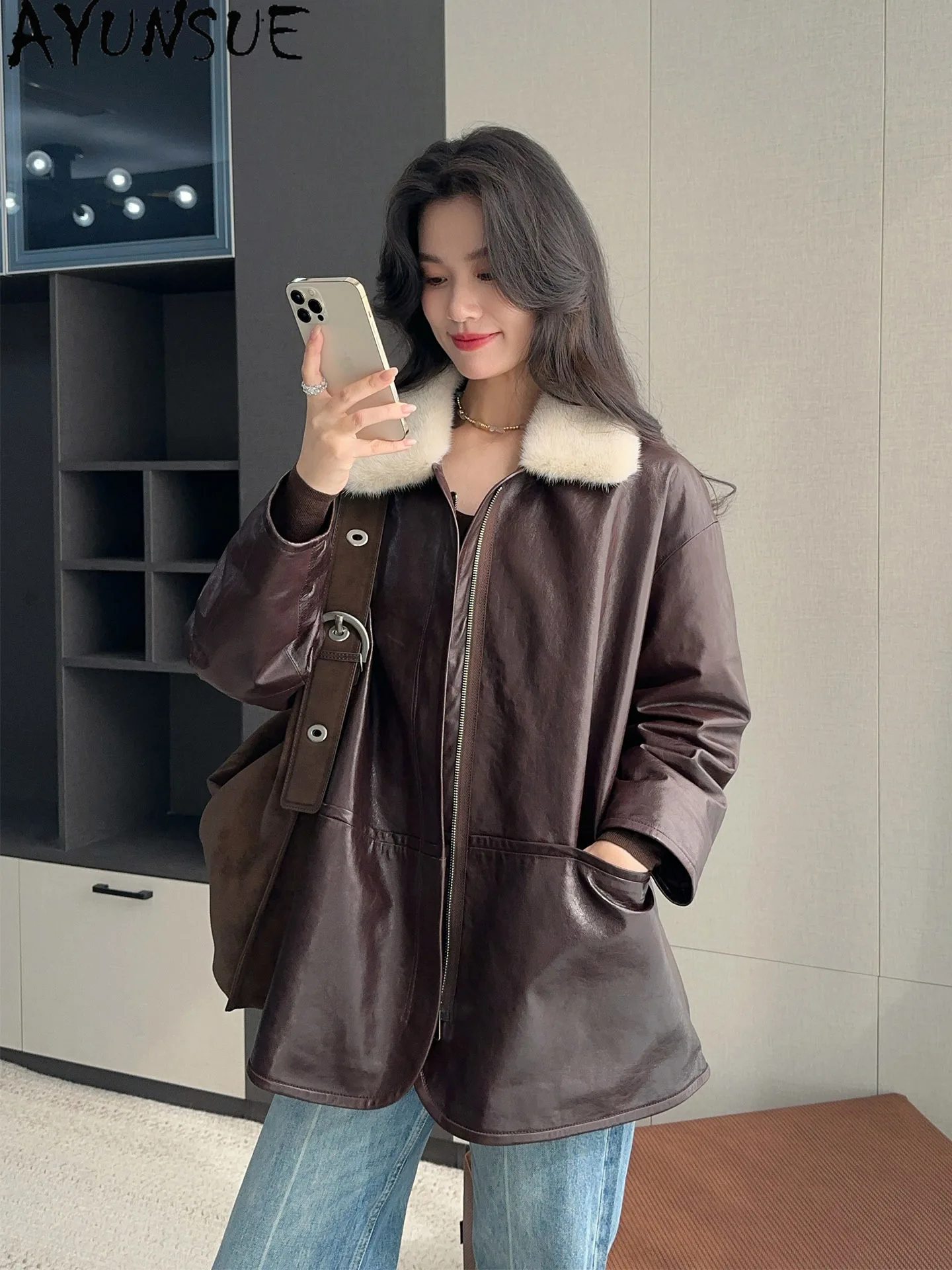 AYUSNUE 100% Sheepskin Real Leather Jacket Women Natural Mink Fur Collar 90% White Goose Down Woman Coats Mid-length Loose Fit