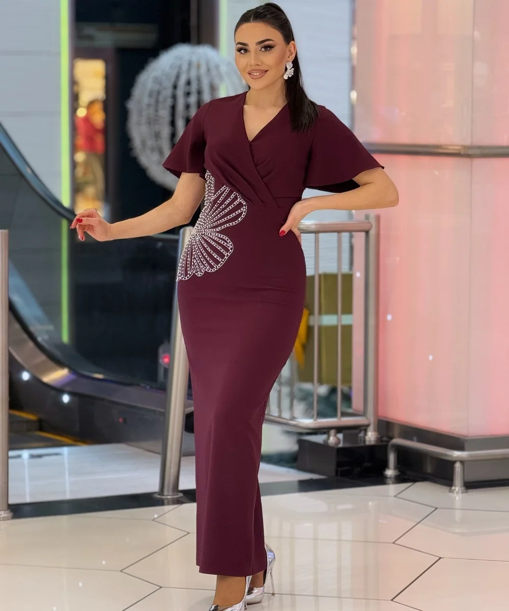 

Customized Matching Elegant Jersey Beading Sequined Pleat Ruched Straight V-neck Midi Dresses Bespoke Occasion Dresses Pastrol