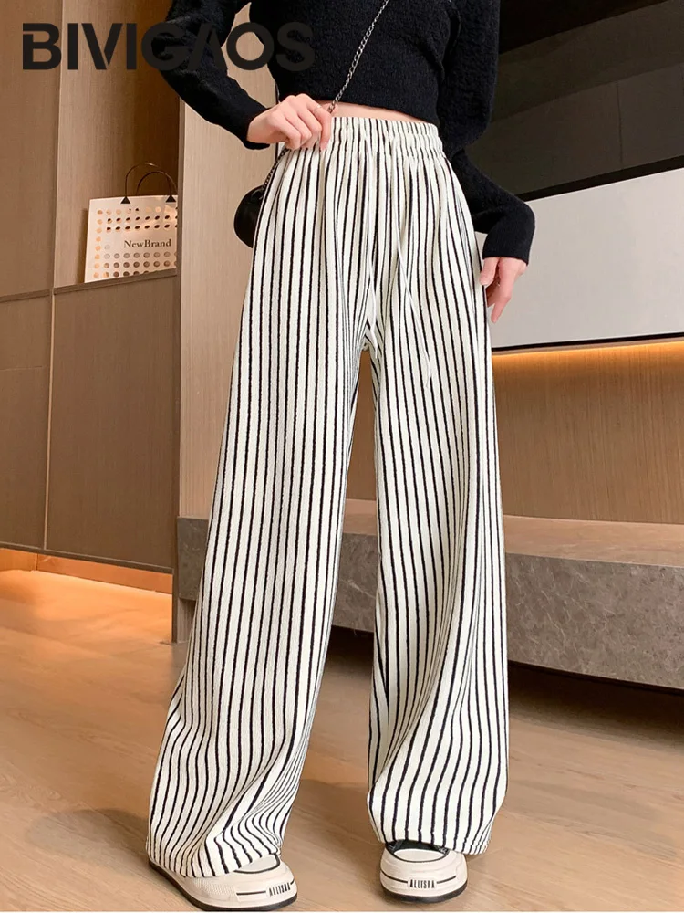 BIVIGAOS Spring New Vertical Striped Towel Straight Casual Pants Women High Waist Retro Lazy Style Drawstring Wide Leg Pants