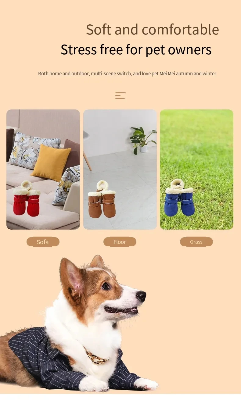 4 Stück/Set Winter Dicke Warme Hundeschuhe Weiche Plüsch Rutschfeste Wasserdichte Schneestiefel Welpen Outdoor-Spazier-Schuhe Haustier-Zubehör – Detail 3