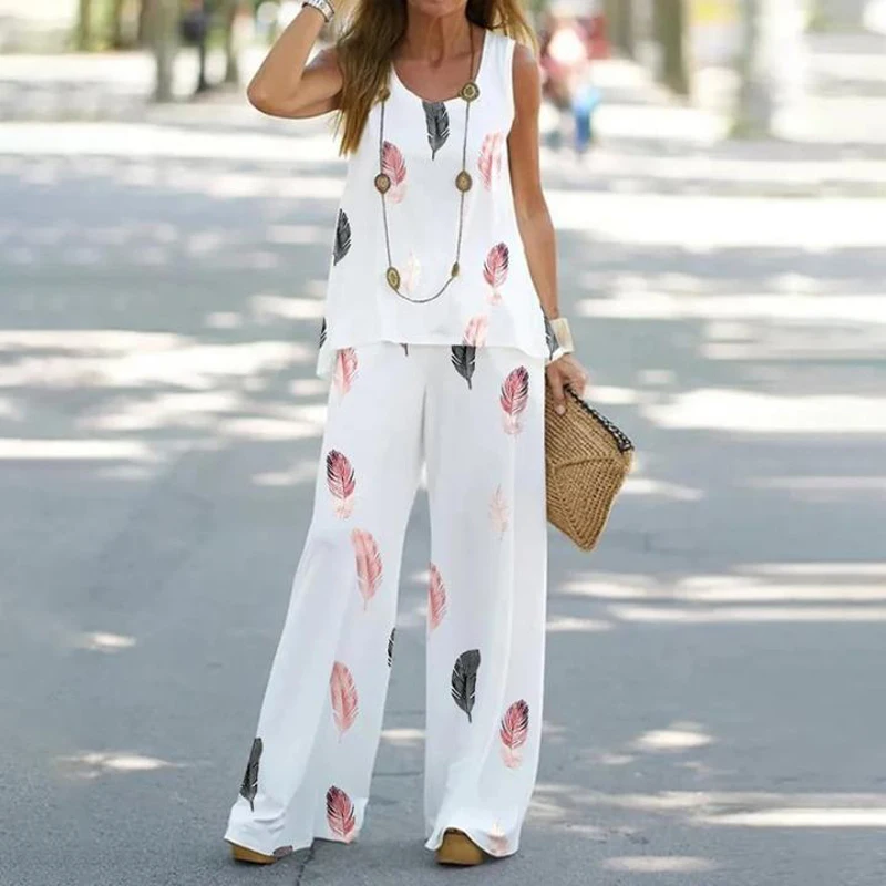 Women's Summer Casual Tank Top+Wide Leg Two Piece Set New Elegant Loose Round Neck Print  Wide Leg Pants Suit For Women's  2023