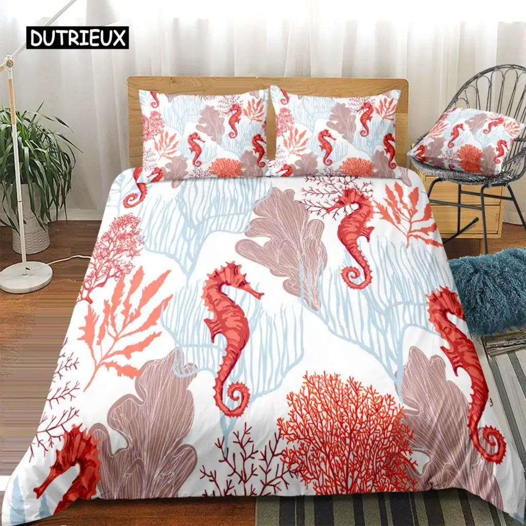 

Seahorse Bedding Set Ocean Animal Duvet Cover Underwater World Orange Coral Marine Life Sea Urchin Soft Women Kid Bedroom Decor