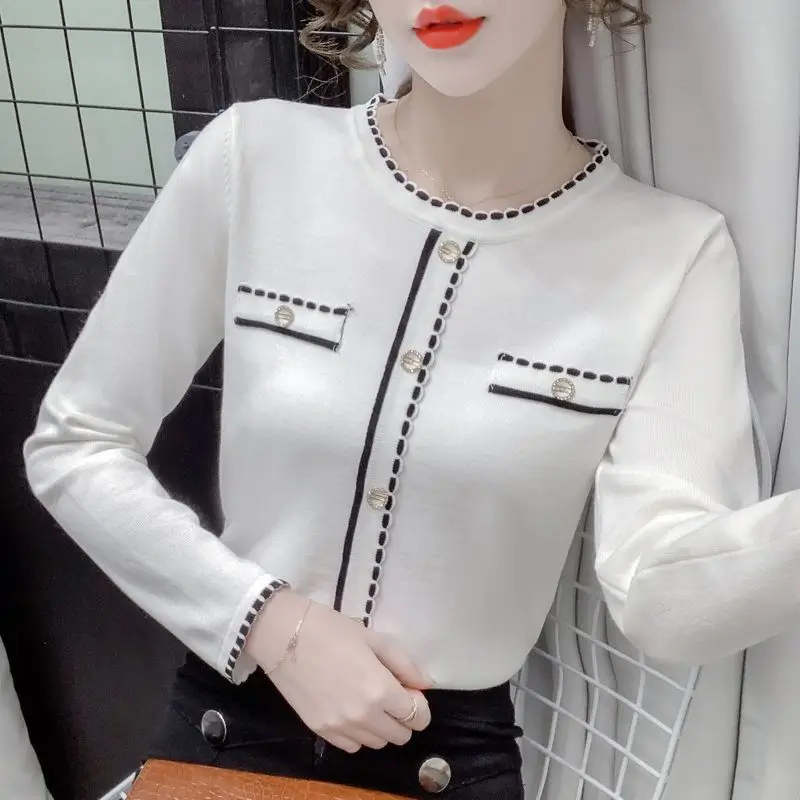 2024 Spring Autumn New Temperament Patchwork Slim Knitting Bottoming Shirt Interior Lapping Ladies Sweater Top Tee Women Clothes