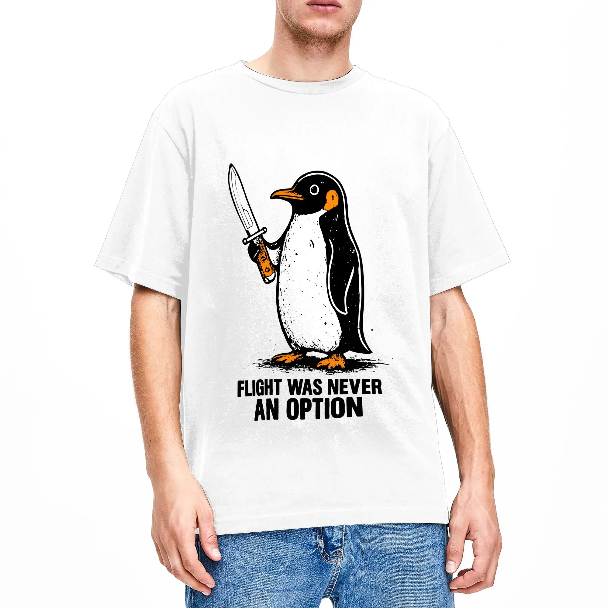 Flight Was Never An Option Funny Stabing Penguin T-Shirt Summer  100 Cotton T-Shirts For Couple Custom Logo Tshirt Short Sleeve