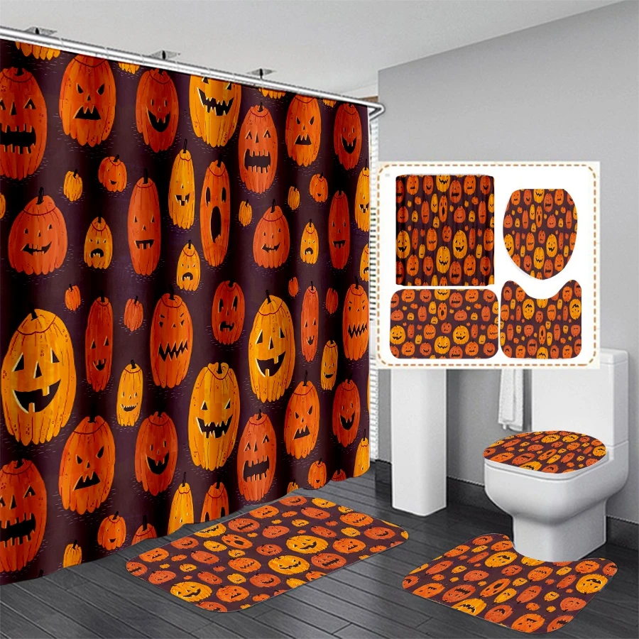 Phechion New 3D Print Halloween Pumpkin Head Shower Curtain Waterproof Bathroom Curtain Anti-slip Bath Mat Set Toilet Rugs VR229