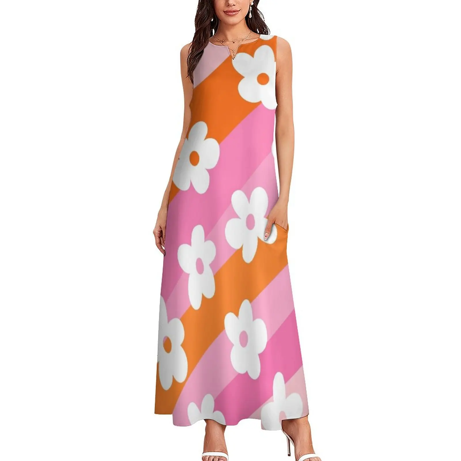 Pink and Orange, Wavy, Groovy Flowers Pattern Long Dress elegant women's dresses sale dress summer Woman fashion Dress