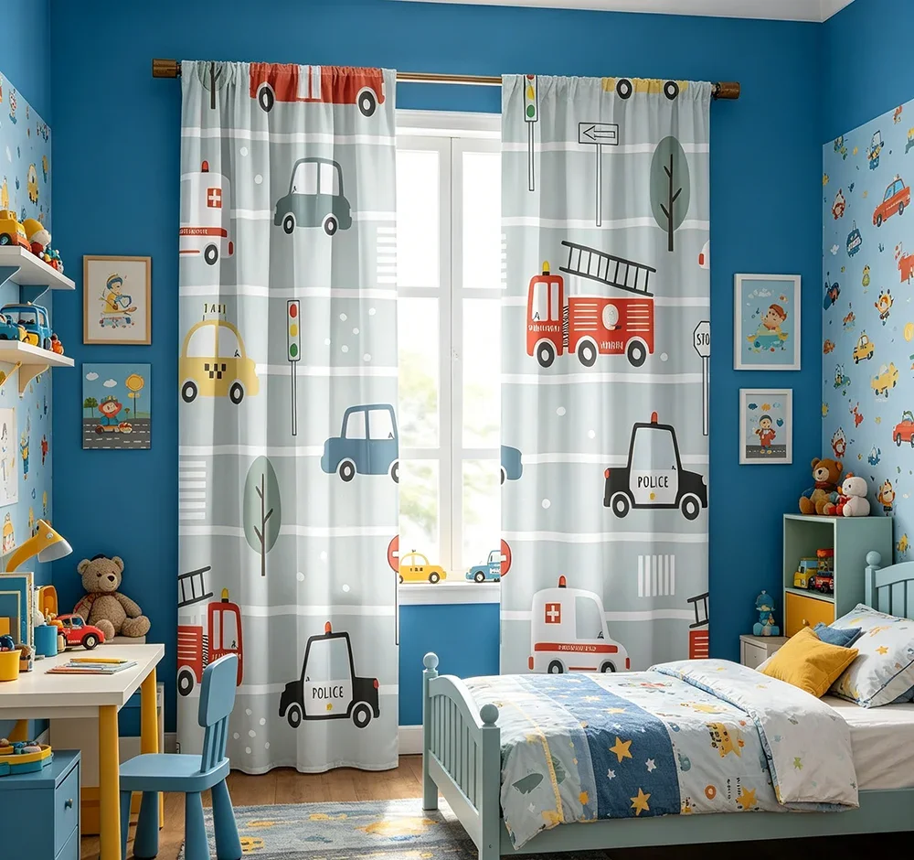 2PCS Digital Printed Curtains, Cartoon Car Vehicle Cute Kids Style, Rod Pocket Window Drapes for Living Room Bedroom Decor