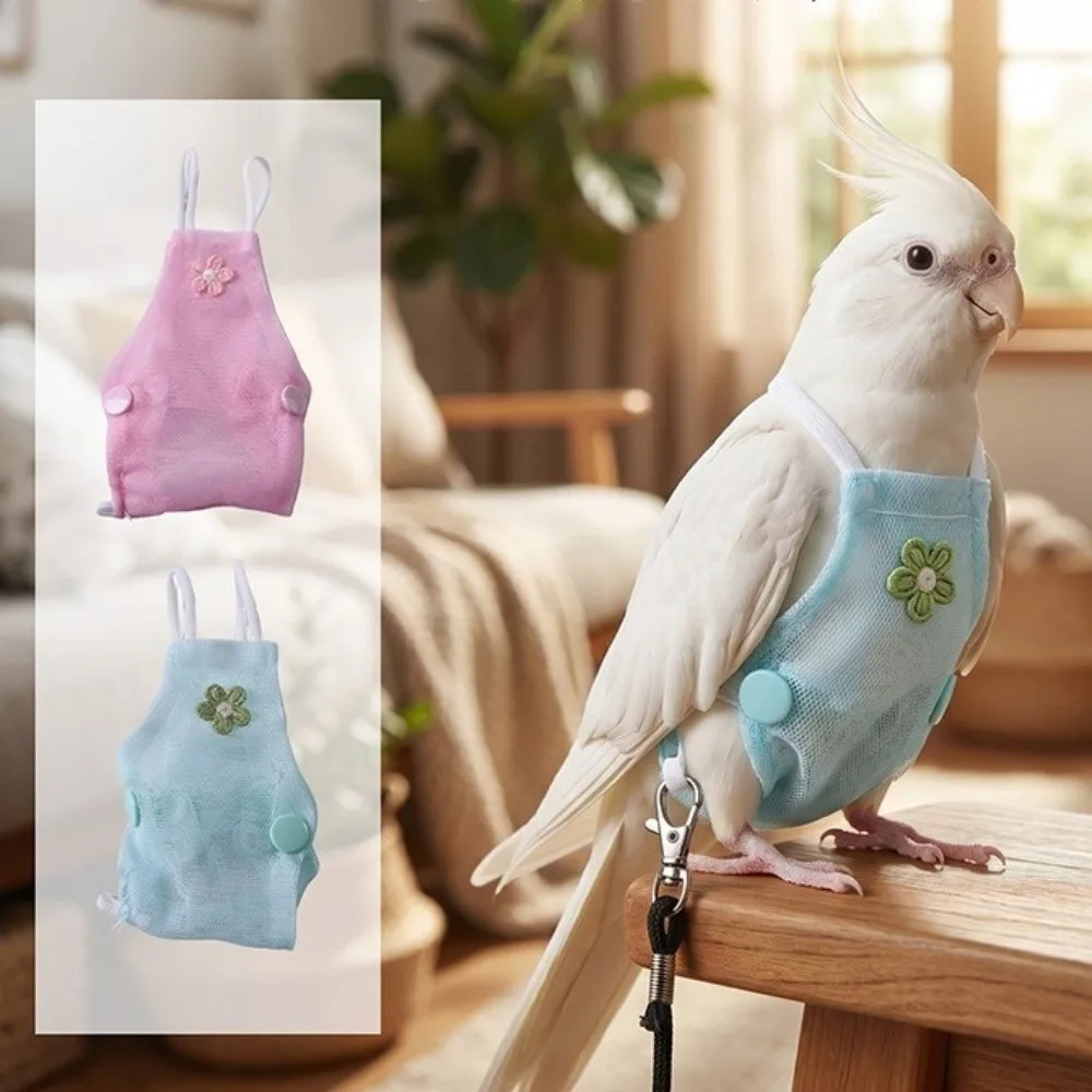 Breathable Mesh Pet Parrot Diaper with Leash Adjustable Bird Flight Suits Washable Snap-Closure Parrot Flying Clothing