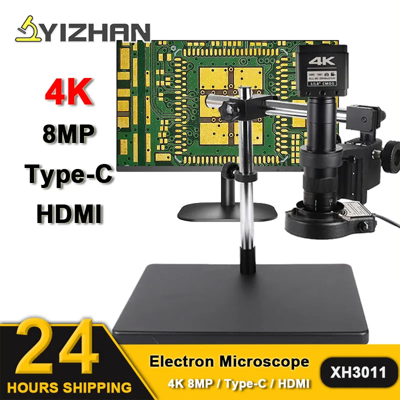 YIZHAN 4K HD Video Electronic Industrial Microscope Set Type-C HDMI Freeze Comparison Camera 180X C-Mount Zoom Lens Large Base