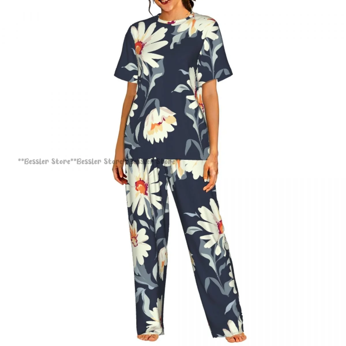 Women Pajama Sets Lounge Sleepwear Pretty Daisy Floral Short Sleeve Nightwear