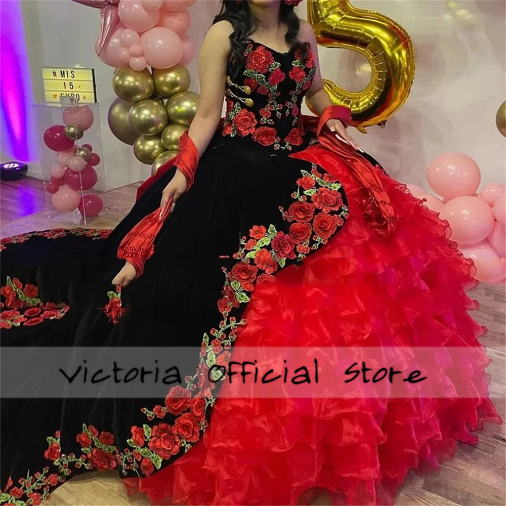 Mexican Black Velvet Rose Embroidery Quinceanera Dresses Red Tulle Ruffels Ball Gown Sweet Sixteen Dress Wedding Gowns