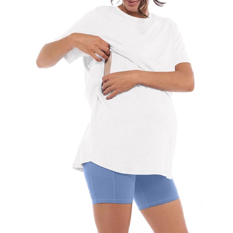 Summer Plus Size Maternity Breastfeeding Tops Short Sleeve Lactation T-Shirt Zip Nursing Tees for Pregnant Women