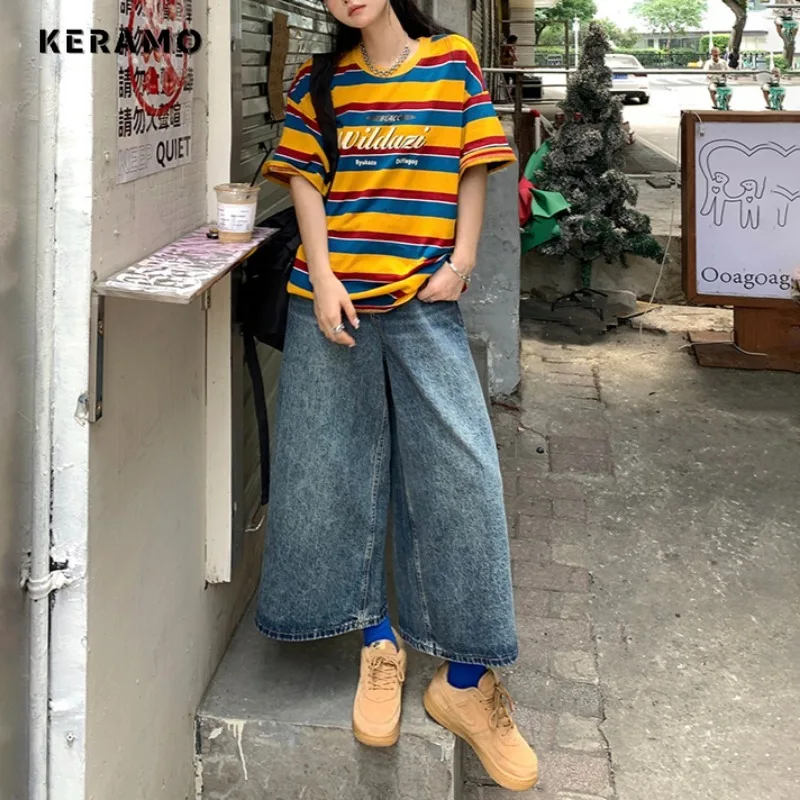 Pantaloni americani retrò a vita alta al polpaccio donna Casual tasca larga Y2K pantaloni gamba larga Grunge Streetwear pantaloni in Denim solido