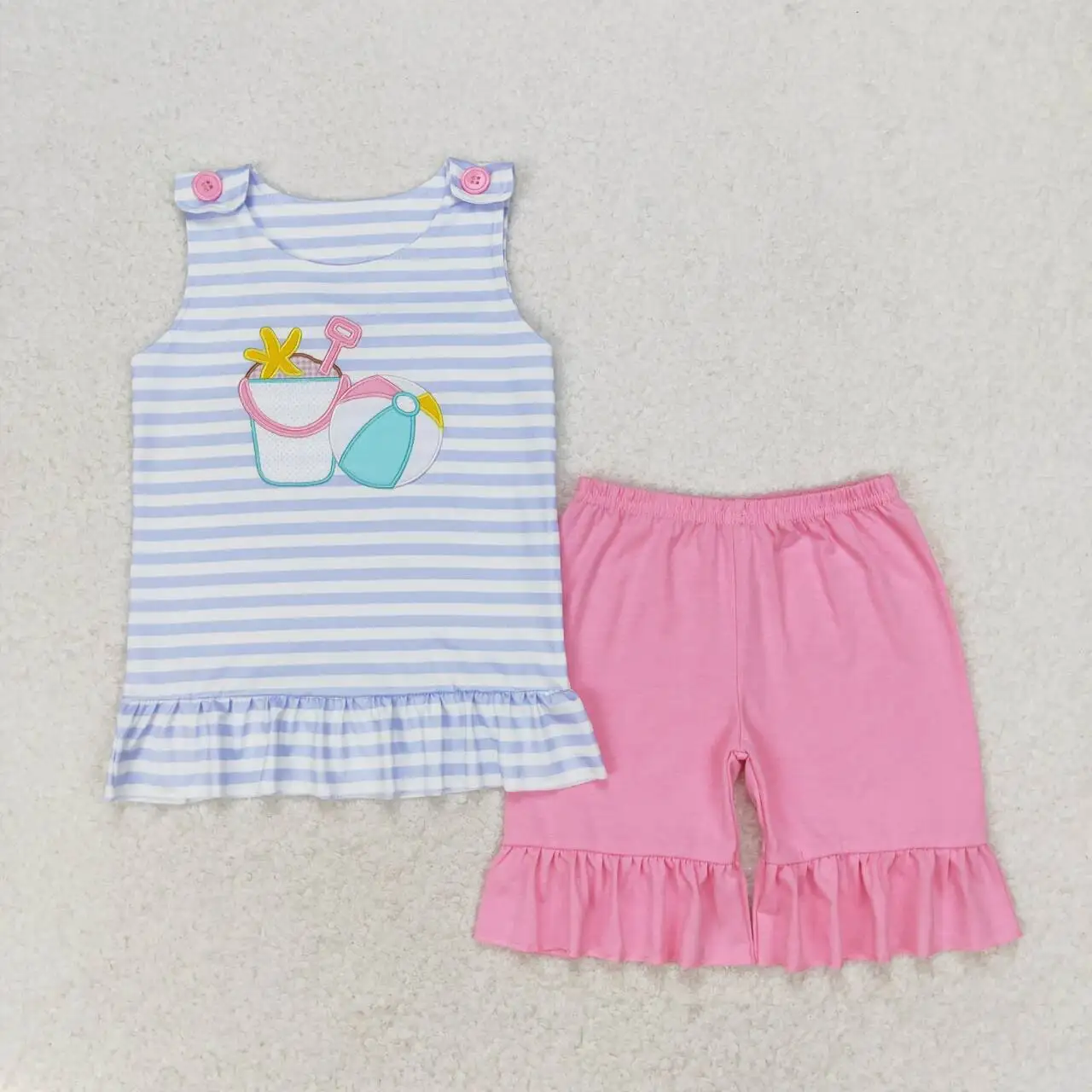 

baby girl clothes sleeveless beach ball top pink ruffle shorts set embroidery outfit little girl boutique clothing